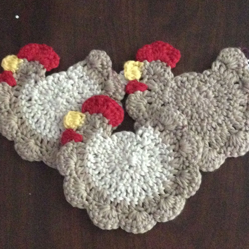 Handmade Gray Crochet Chicken Coasters - Neutral Brown tan